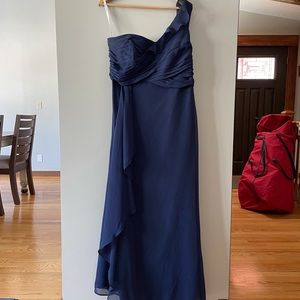 Navy David’s Bridal Single Shoulder Dress